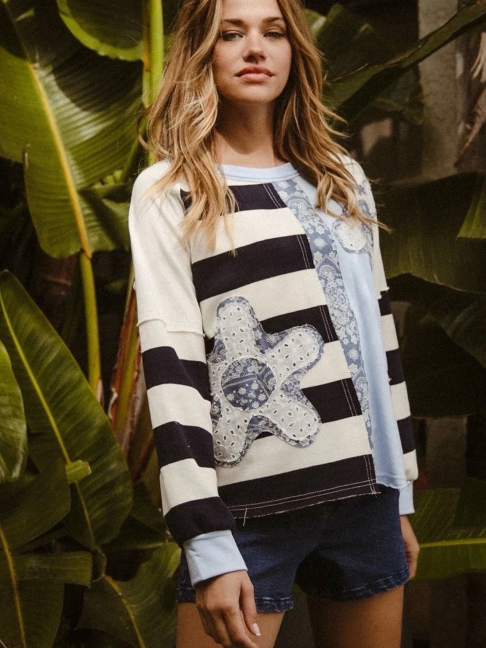 BiBi Color Block Patchwork Striped  Floral Pullover Top in Blues Large - Picture 2 of 9
